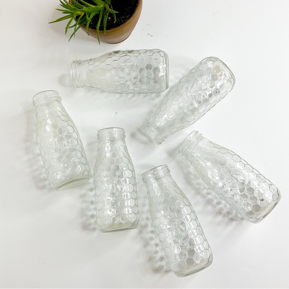 VINTAGE Honeycomb Glass Bottle Set of 6 | Bee Motif Farmhouse